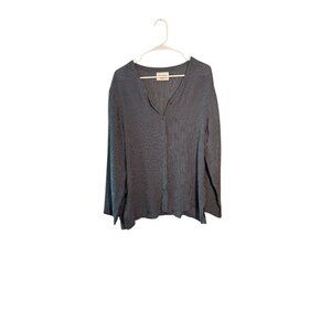 Eileen Fisher Womens Striped Button-Front V-Neck Long Sleeve Top M Rayon Gray/Wh